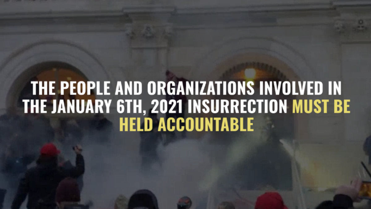 Text overlaying an image of the January 6 Insurrection that reads 